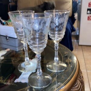 1950’s Libbey Rock Sharpe Etched Crystal Wine/Water Glass Set of 3